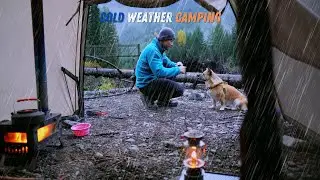 Hot Tent Camping in Cold Weather - Korean Stew | Relaxing by Wood Stove | ASMR