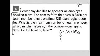 A company decides to sponsor an employee bowling team. The cost to form the team is $180 per team...