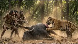 Tiger Attacks During Buffalo Hunt! Early Humans Fight Back