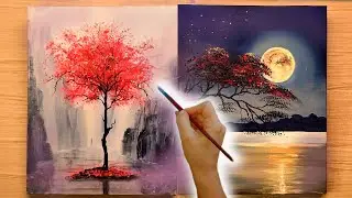 How to Paint 2 Landscapes with RED TREES/ Acrylic Painting/ TIMELAPSE 
