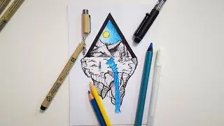 Abstract Pen Sketch- Mountains and Waterfall
