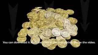 Bitcoin coins fall from above onto the table and pile up. Realistic 3D animation. Crypto coins.