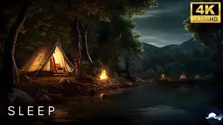 COZY CRACKLING CAMPFIRE BY A SERENE LAKE AT NIGHT FOR RELAXATION | CAMPING BY THE LAKE (1 hour) 4K