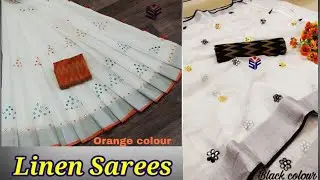 Soft Linen Sarees || Mirror work white linen Sarees || Premi Collections
