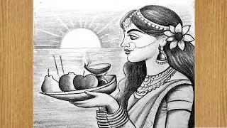 how to draw chhat puja easy step by step for beginners,chhat pujar scenery drawing,