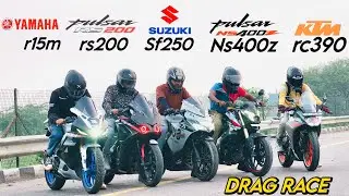 Ns400z vs Rc390 vs Rs200bs4 vs R15M 41 teeth Sprocket vs Suzuki sf250 Drag race video
