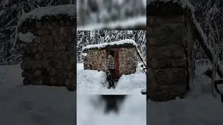 Alone in a Snowy Log Cabin Buried in Deep Snow! #wintercamping #solocamping #snowcamping