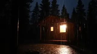 Золотой свет в буре | Сильный вертикальный дождь над лесной хижиной (ASMR)