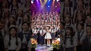 A very exciting performance, a group of children singing popular songs together in a talent show