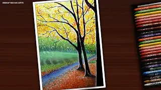 Autumn Park  | Scenery Drawing for Beginners with Wax Crayons | step by step #163