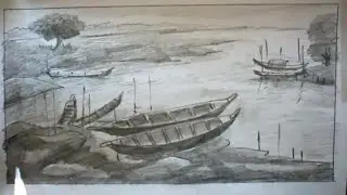 How TO Draw Scenery OF River And Boat Pencil Sketch Step By Step