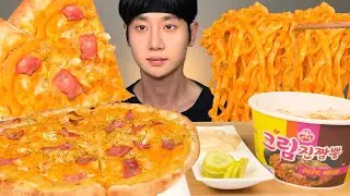 피자스쿨 오지치즈포테이토피자(치즈크러스트엣지) & 크림진짬뽕, 갈릭디핑 꿀조합 먹방 ASMR Pizza & Spicy Cream Noodles MUKBANG