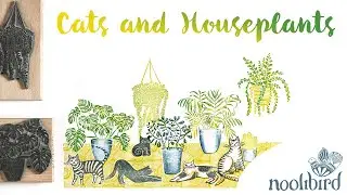 Card making tutorial with Cats, houseplants and Tile Stamps | colour blending and masking techniques