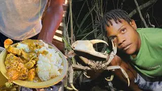 USING SPEAR TO HUNT GIANT LAND CRAB !! | catch clean cook | coconut curry recipe!! 