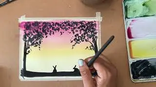 Easy Beginner Watercolor skills (Variegated wash sunrise with bunny and tree silhouettes)