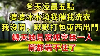 冬天凌晨五點，婆婆把冰水潑我床頭催我洗衣，我沒吵沒鬧，默默打包東西出門。轉天她見家裡空無一人，碗都端不住了#小說 #人生感悟 #故事分享 #故事頻道 #情感故事 #情感 #感情