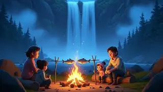 A Cozy Family Moment by the Waterfall  Peaceful Mountain Life Animation