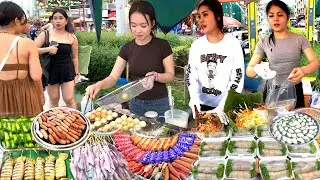 Amazing Popular Place! Cambodian STREET FOOD Tour - Delicious Papaya Salad, Japanese Cake & More
