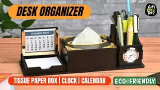 Desk Organizer Tissue Box with Clock & Calendar | The Perfect Desk Accessories | Eco Friendly