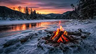 Nature Winter ASMR: Stream Flow + Campfire Crackling 🔥 Natural Sounds for Sleep