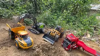 Aksi #94 Dump Truk RC Huina 1536, Truk Merci Muatan Tanah Merah Bangunan Excavator Besar Huina 1593 