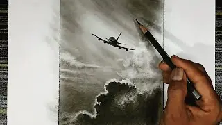 Pencil drawing of a landscape moonlight night with clouds by moonlight and an airplane flying over.