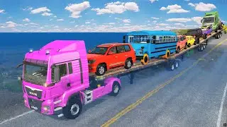 Triple Flatbed Trailer McQueen Transportation with Truck - Speedbumps vs Cars vs Train - BeamNG #16