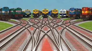 Nine Trains Crossings Railroads Tracks || At On Railways Bumpy Forked Train Games Videos ♋