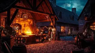 Medieval Village Night Ambience | Relaxing Crackling Fire & Thunderstorms, Blacksmiths, White Noise