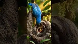 A cute Bird helping mommy and baby sloth # wildlife #worm #sloth #animals