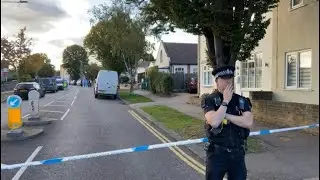 Police and media at scene where British MP David Amess was fatally stabbed | AFP