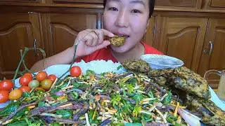 Spicy Singju || Fish Mint Root, Dry Meat, Pea Shoots, Mustard Shoot Salad || Pakora Mukbang
