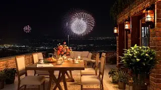 Happy new year 2023 - Beautiful fireworks scene with real sound at the coffee shop
