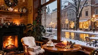 Winter Ambience Cozy Warm Coffee Shop ❄️ With Jazz Soft Piano & Fireplace Sounds For Study & Relax