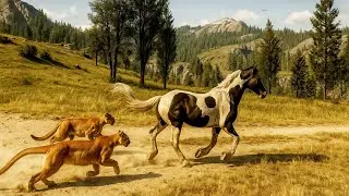3 Hungry Mountain Lions hunting a Black & White Horse | Wild Predator Chase Caught on Camera 🐆🐎🔥