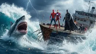 Spider-Man, Iron Man & Batman vs Giant Shark in an Action-Packed Boat Battle!&rdquo; 🦈#viralvedio #super