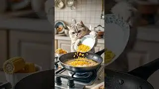 Hardworking Cat Makes Popcorn for Its Kids