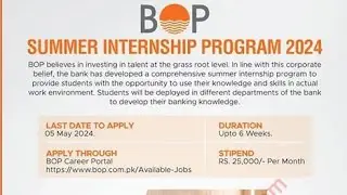 Bank of punjab Summer internship program 2024 | Pakistan Bank jobs for fresher | BOP Career Portal