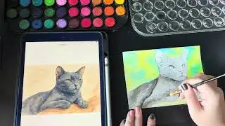 Watercolor Art Card Painting | Gray Cat