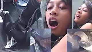 Gorgeous girl cranking and revving oldtimer in high heel boots and flats