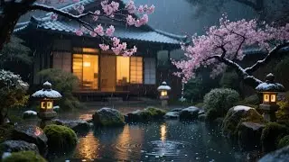 Rain and Piano Music with Sakura Blossoms beside a Traditional Wooden Home