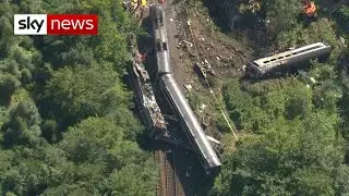 Raw aerial footage of train derailment in Aberdeenshire