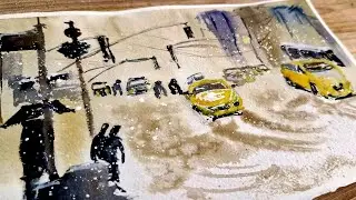 Snowy City Street Watercolor Painting | Urban Scene with Yellow Taxis