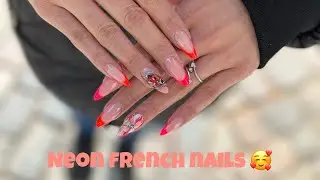 Neon french gel nails!🐞&🌸 design!Long almond!Поддръжка на гел и пролетен дизайн! #nails #маникюр