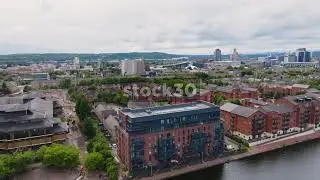 Drone Shot Flying Over Cardiff City Centre Towards County Hall, Wales, UK