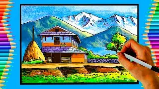 How to draw  beautiful scenery | step by step drawing and Coloring | Pencil landscape | Ghandruk