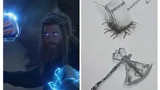 Realistic sketch of the Mjolnir and Stormbreaker of Thor🥶⚡🌪️ #art #painting #youtubeshorts #youtube