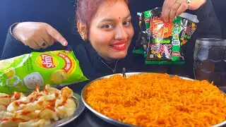 Eating😋Spicy Korean Noodles,Frozen Cheese & Corn Momos With Diet Cold Drink,lays Chips ll Foodie Gd