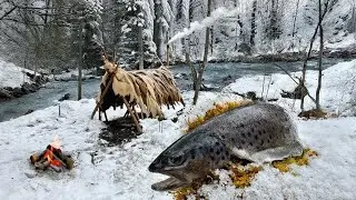 Hot Tent Camping in deep Winter & Catch and Cook Ice Age