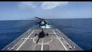 U.S. ARMY BLACKHAWK HELICOPTER DECK LANDING QUALIFICATION ON USS BILLINGS.  LCS 15.     AUG 2022.